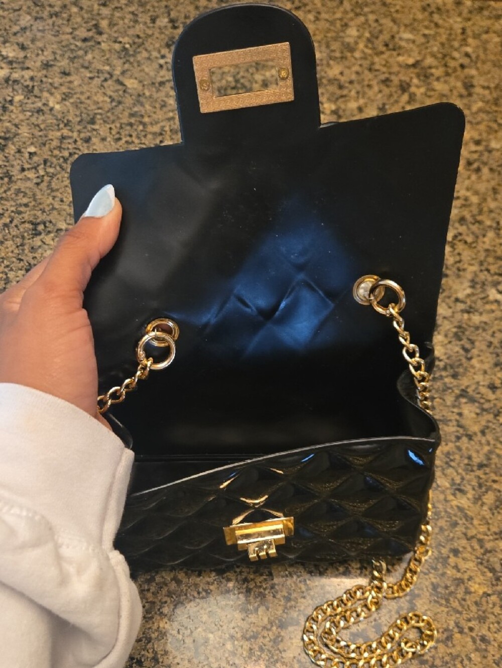 Black Quilted Patent Crossbody Bag with Pearl Handle - Picture 3 of 5